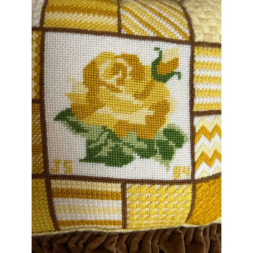 Handmade Pillow | Vintage 1984 Needlepoint Yellow Rose Throw Pillow